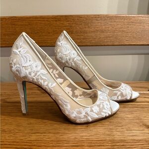 Betsey Johnson “Adley” Nude and Ivory Floral Lace Wedding Heels.